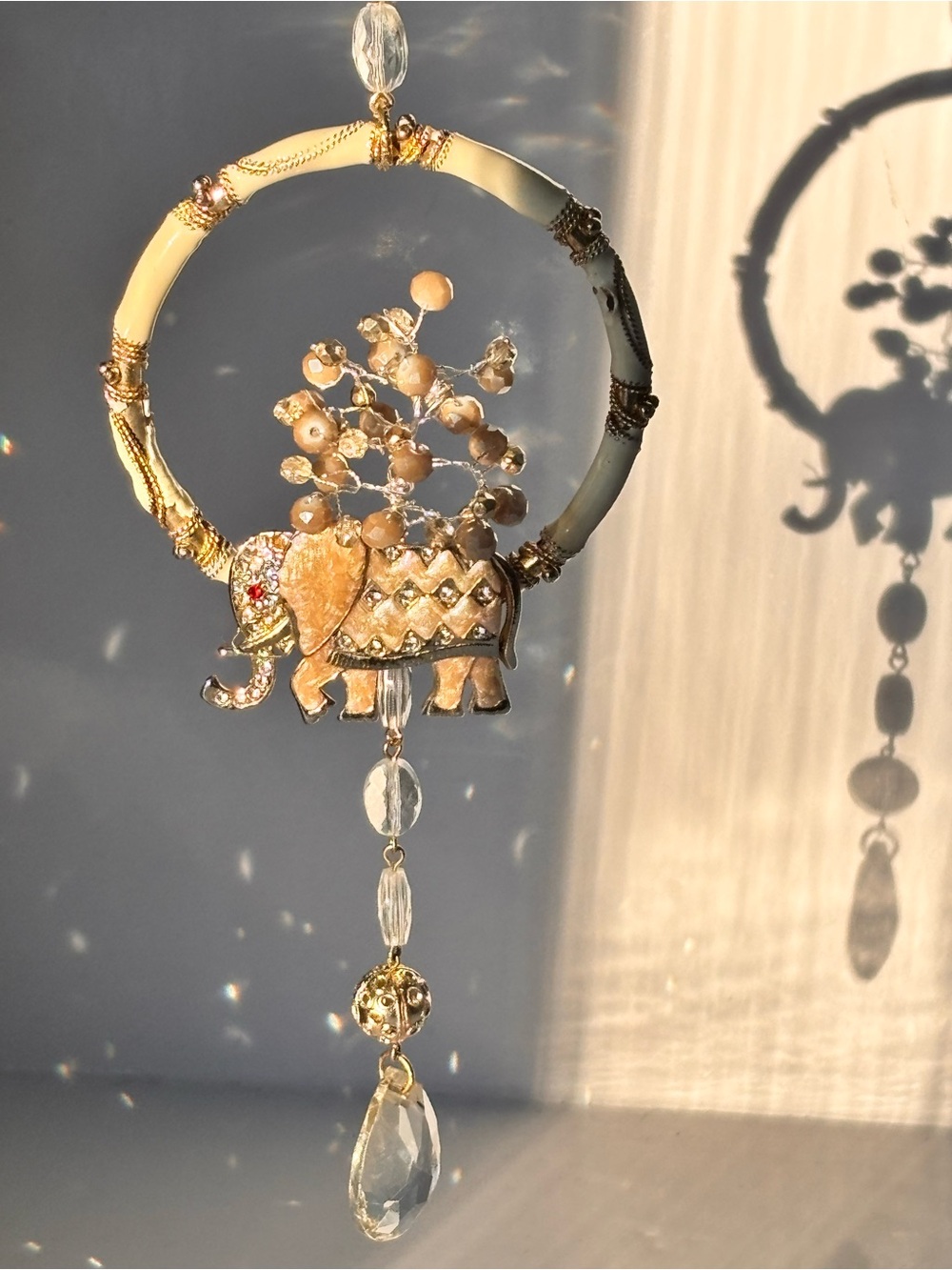 Handmade by MJ Gold Elephant Sun Catcher with Crystal Drops